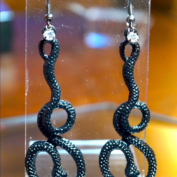 Black Enamel Snake Earrings & Red Crystal Eyes - Picture 3 of 4